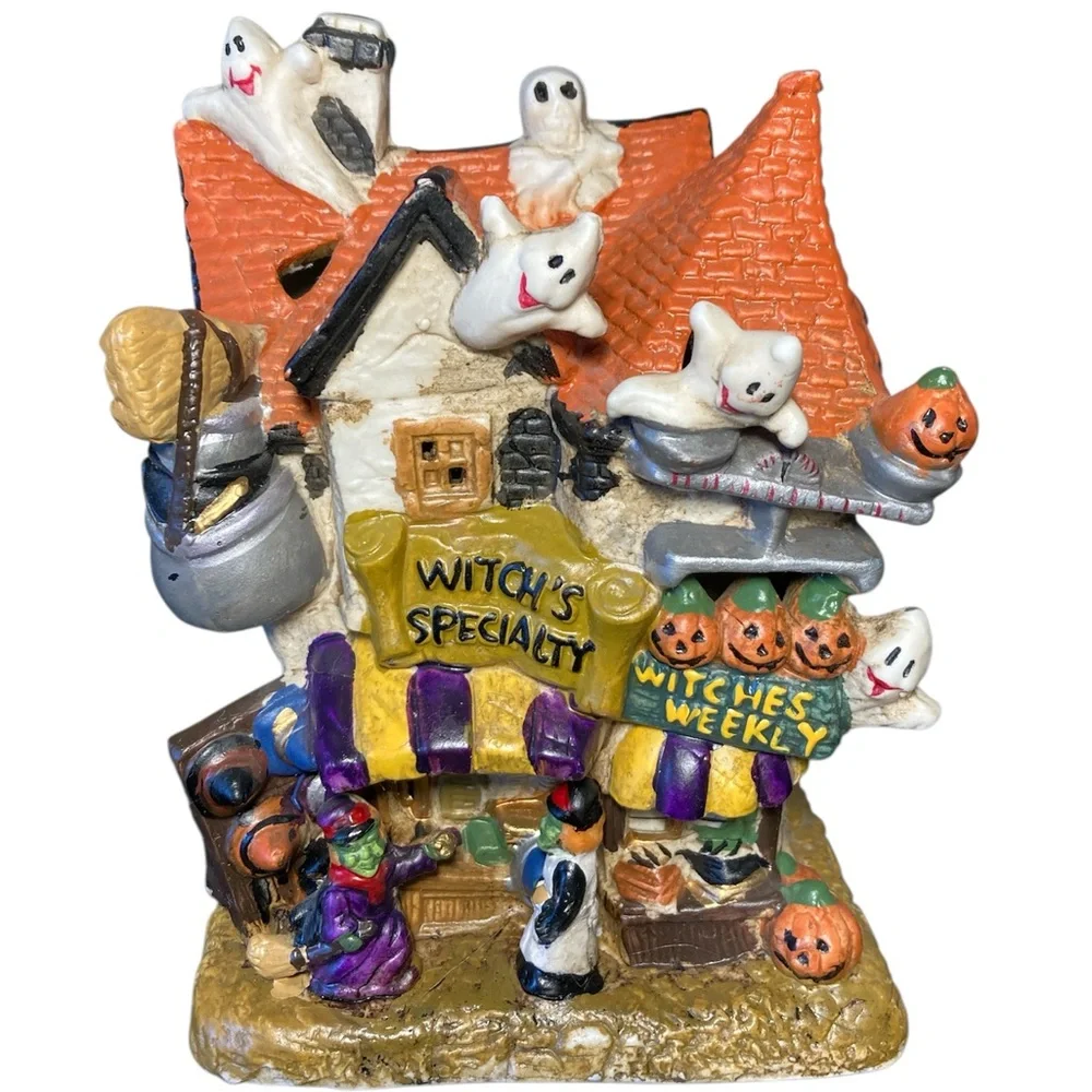 Halloween Witch Shop Figurine with Ghosts and Pumpkins